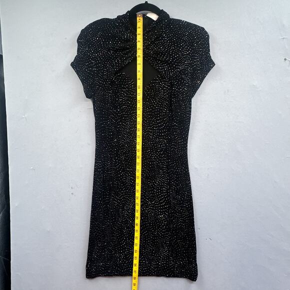 VTG 90s Black Mini Party Dress Women 10 Slinky Glitter Sheer Witchy Goth Holiday - Picture 15 of 16
